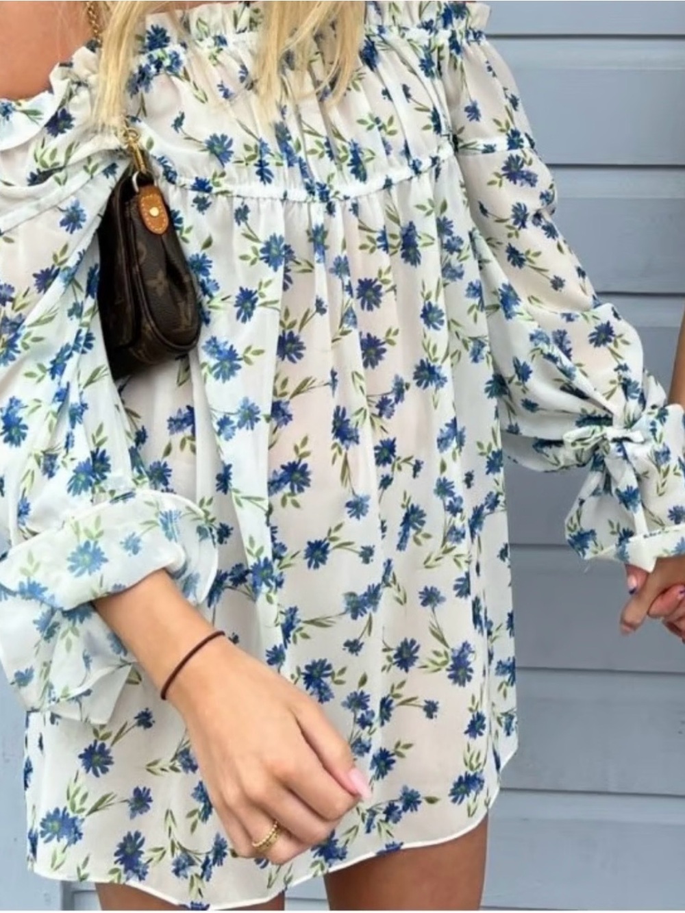 Tularosa White Off-Shoulder Tunic with Blue Floral Print